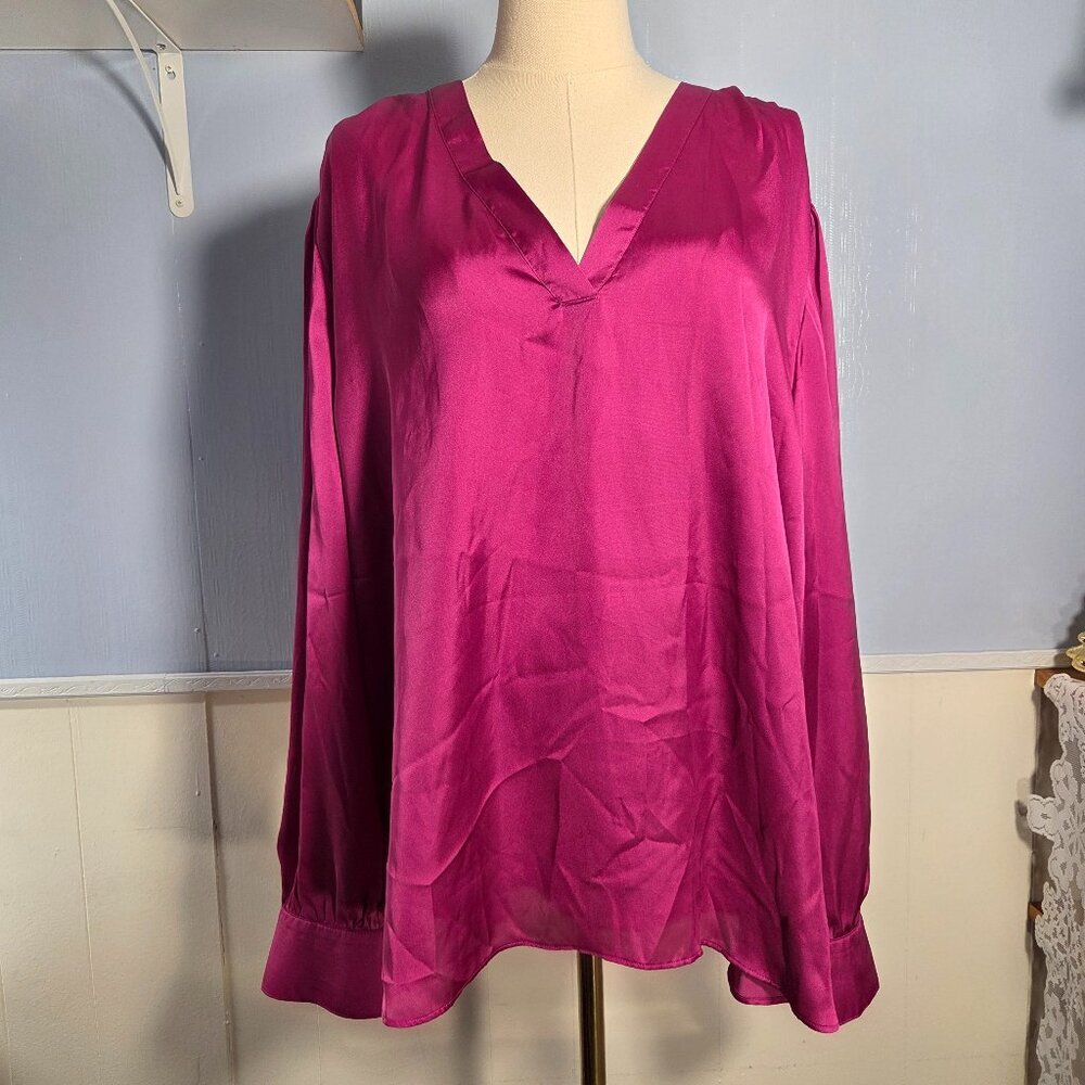 Express XXL Bright Satin Pink V Neck Longsleeve Dressy Holiday Office Blouse